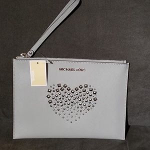 Michael Kors XL Zip Clutch Leather Ash Grey NEW
